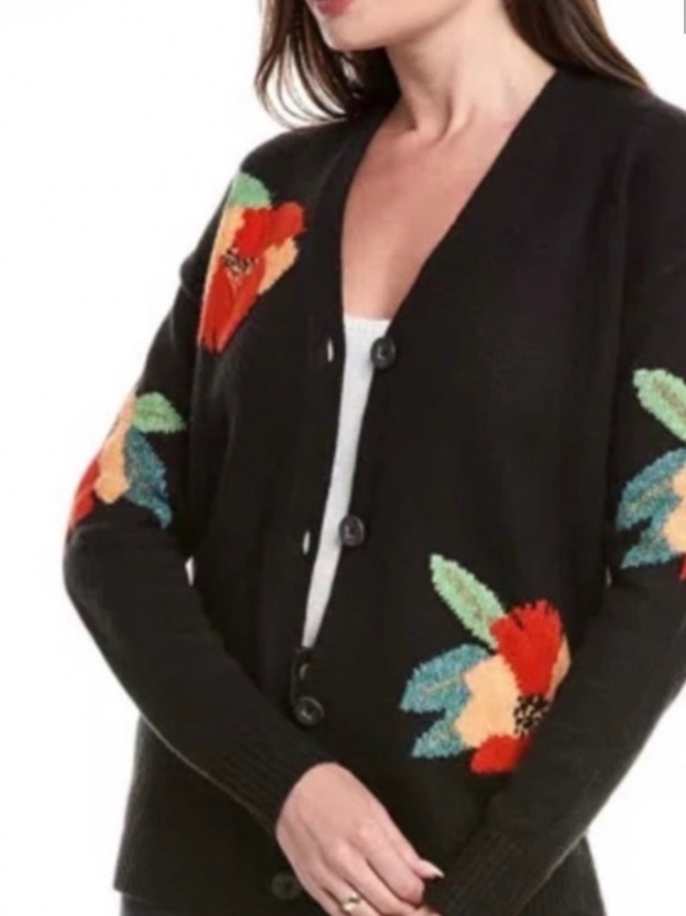 CAbi Black Cardigan with Red & Peach Floral Embroidery